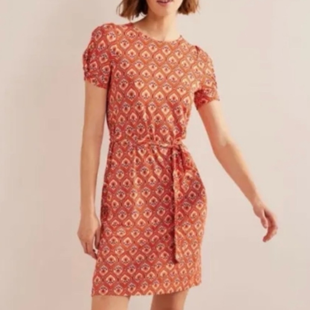 Boden Knot Detail Jersey Mini Dress Women's Orange‎ Geometric Patterned Size 10